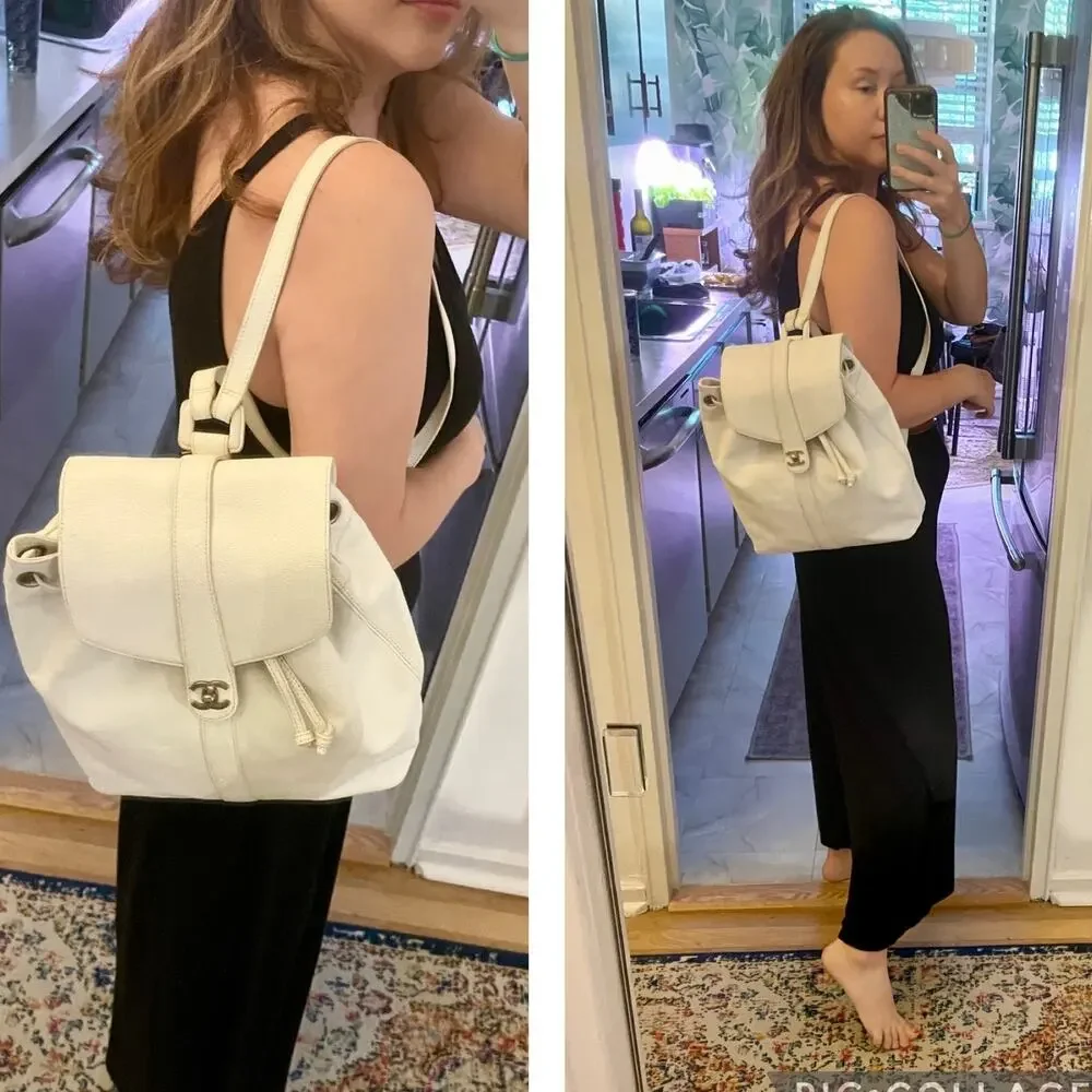 Chanel CC Caviar Leather Vintage Large White Backpack Travel Bag Carryall 90's